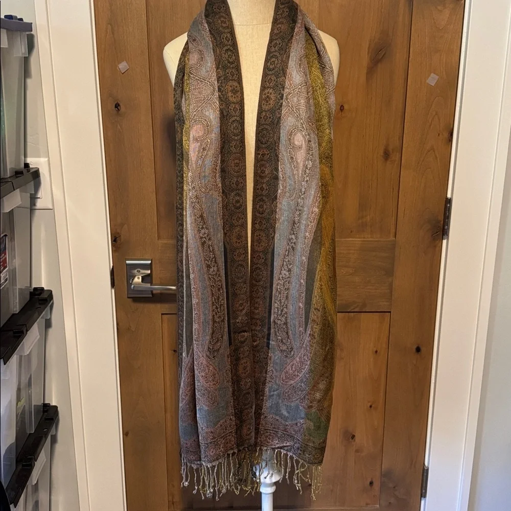 Scarf wrap Womens 21X70’ Fringe Floral Bohemian Gold brown pink green luxury